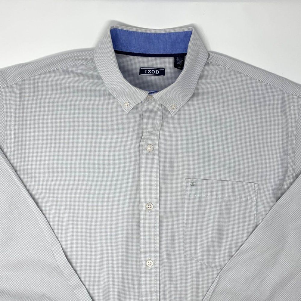 IZOD Beige & White Pin‎ Check Men's Long Sleeve Shirt Size Large - Picture 6 of 8